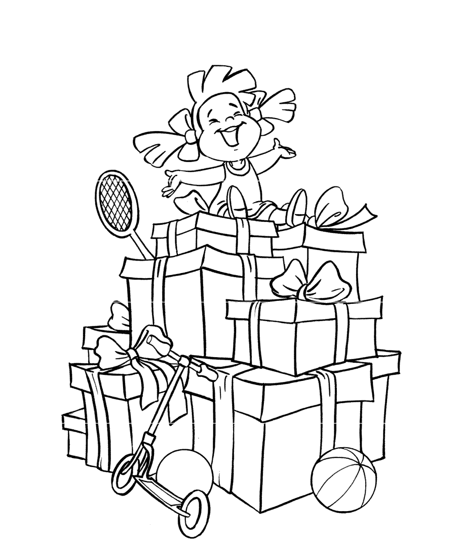 Coloring book of a girl with presents